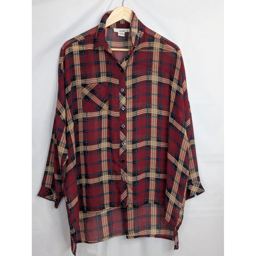 Sans Souci Womens S Oversized Plaid Button Down Tunic Lagenlook High Low